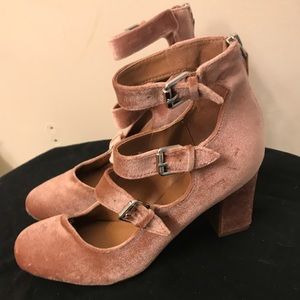 Pink velvet multi strap chunky heels
